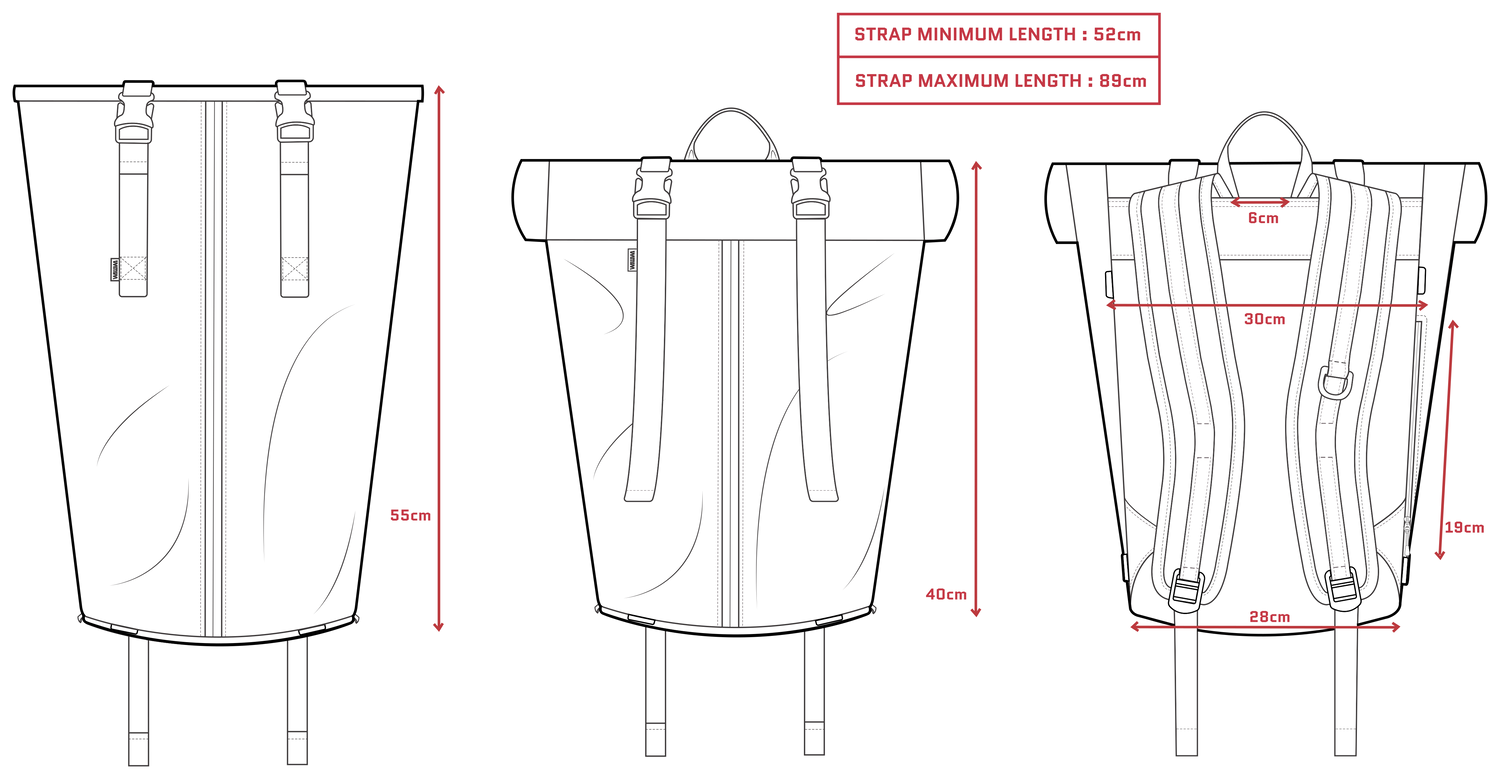 Bridge Backpack external dimensions diagram: 55cm tall unrolled, 40cm rolled, 30cm wide at the back panel, 28cm at the base, 6cm grab handle, shoulder straps adjustable 52cm to 89cm