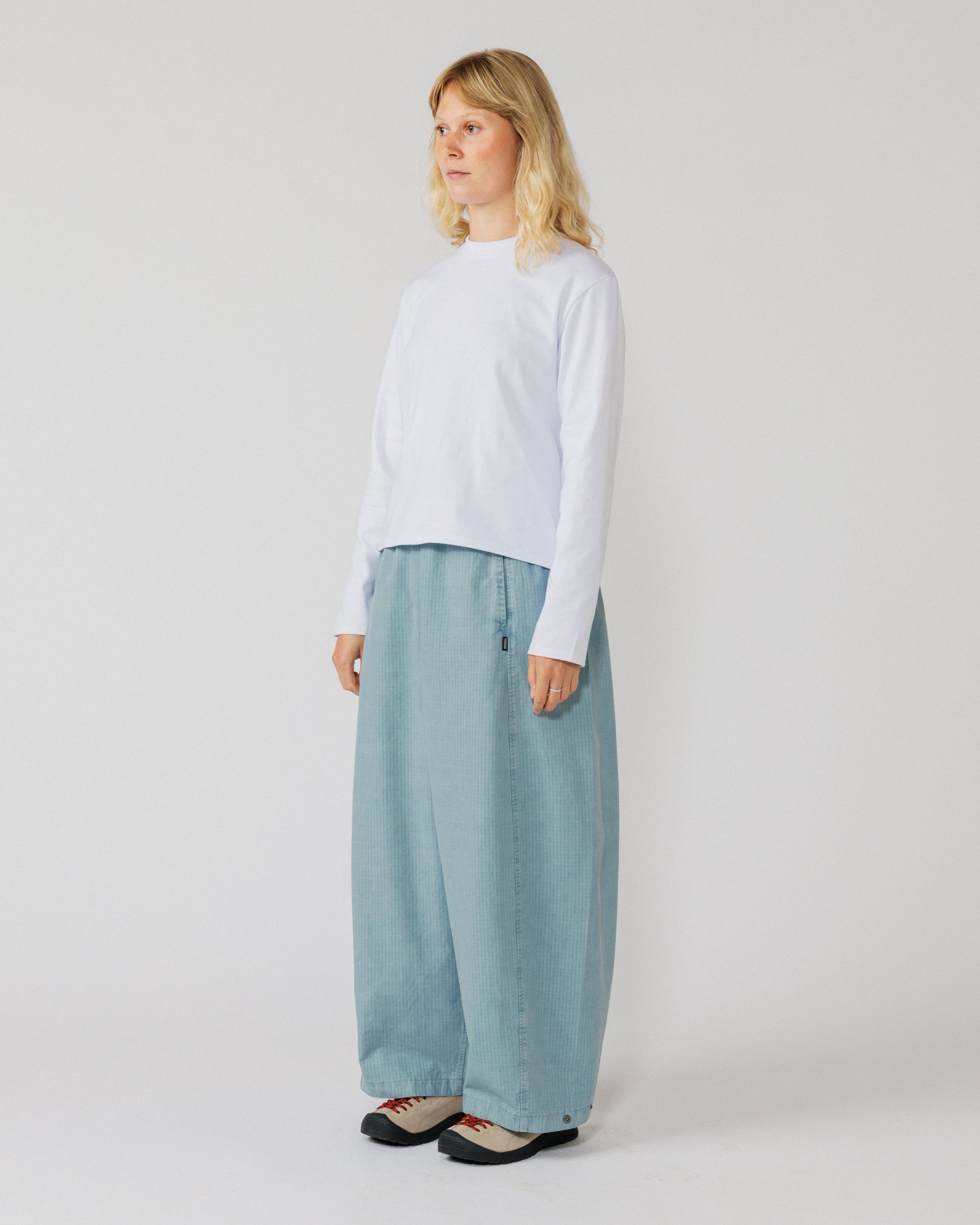 Garment Dyed Atlas Pants - Powder Blue — women's 3/4 drape