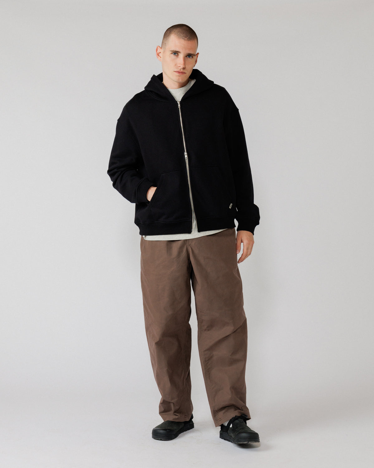 Heavyweight Two-Way Zip Hoody - Black — Hero: male full-body front, direct