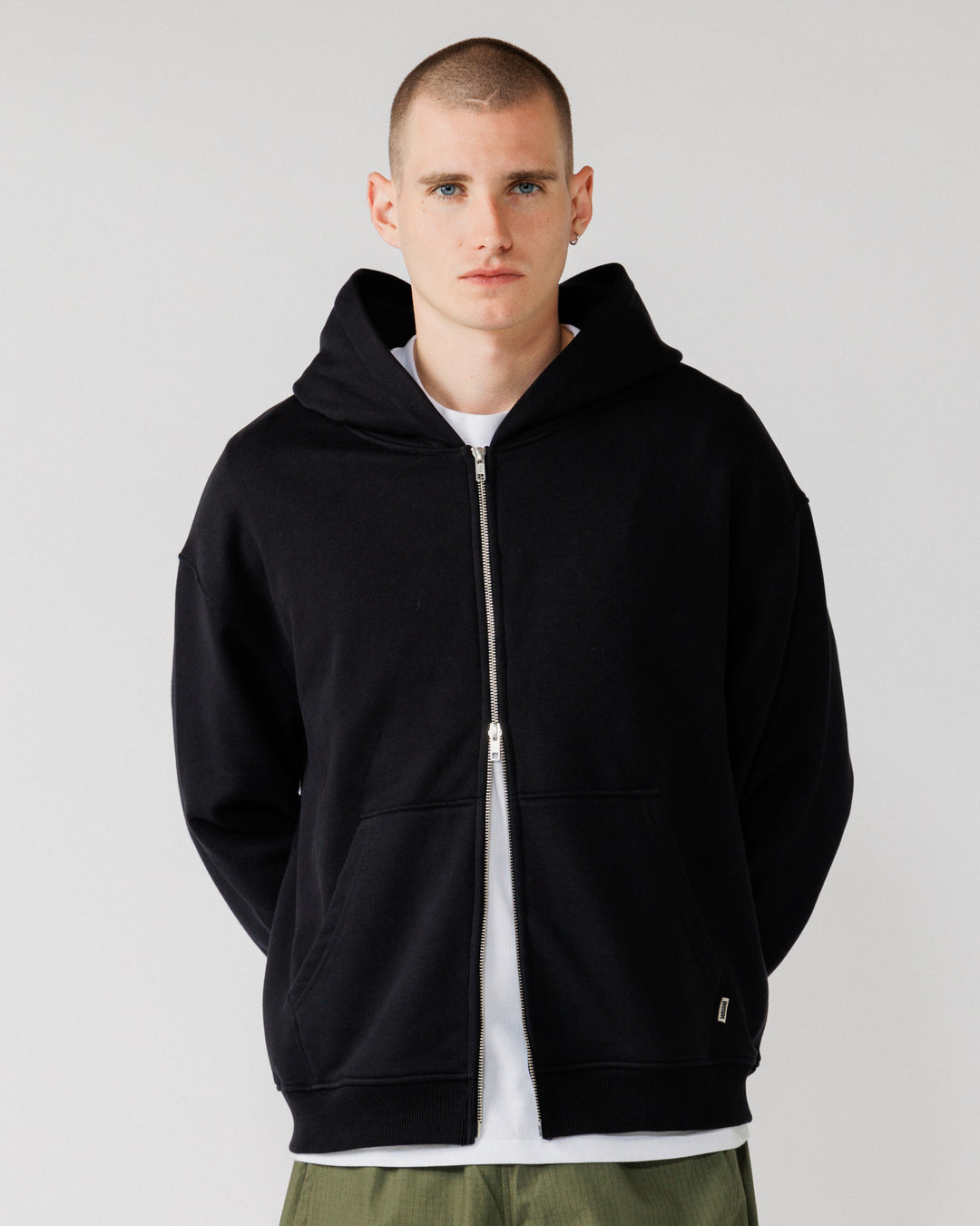 Heavyweight Two-Way Zip Hoody - Black — Male front crop, hood legible