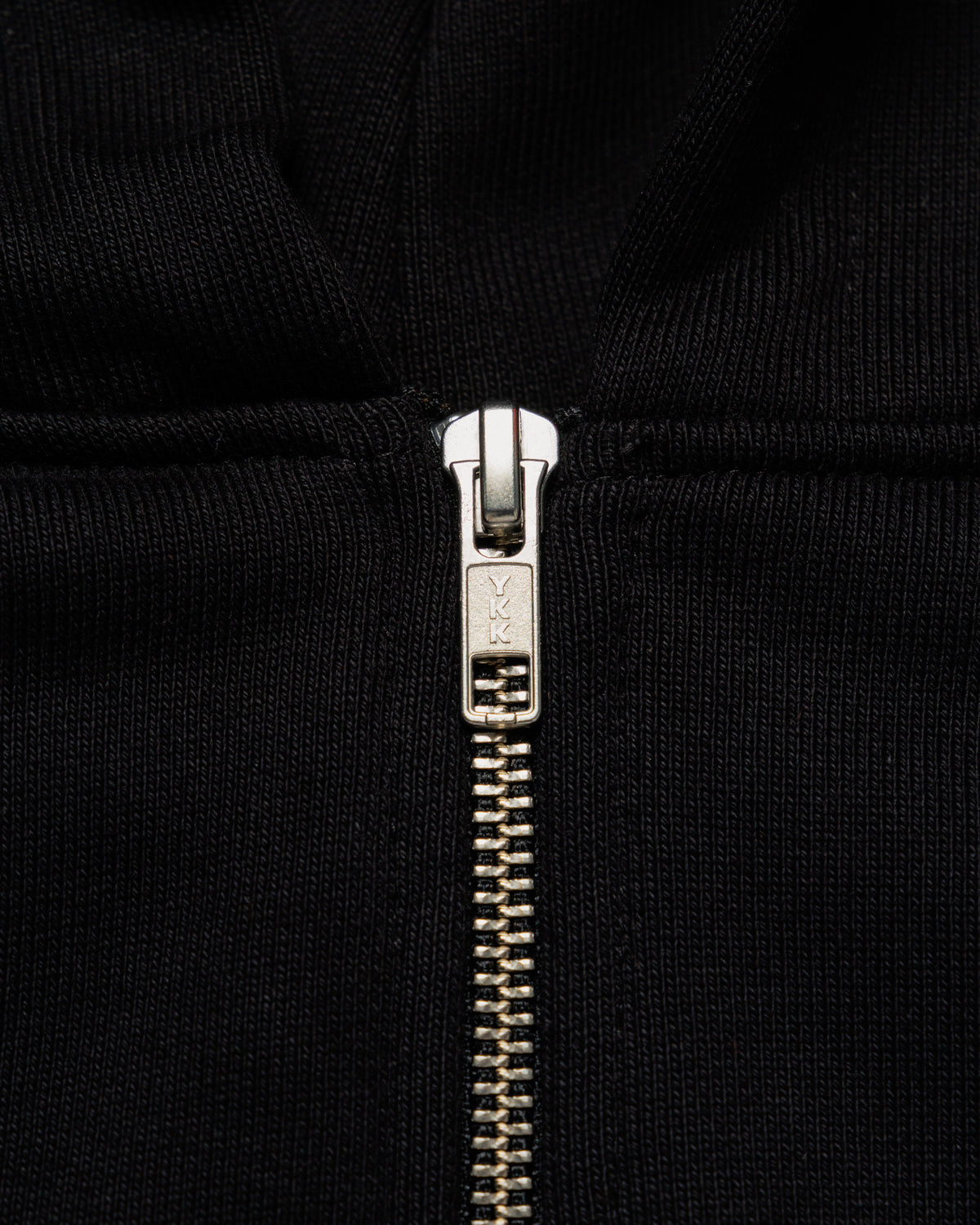 Heavyweight Two-Way Zip Hoody - Black — YKK zip hardware close-up