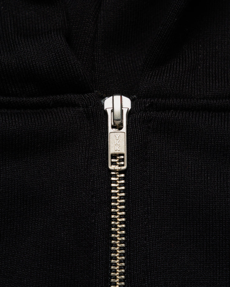 Heavyweight Two-Way Zip Hoody - Black — YKK zip hardware close-up