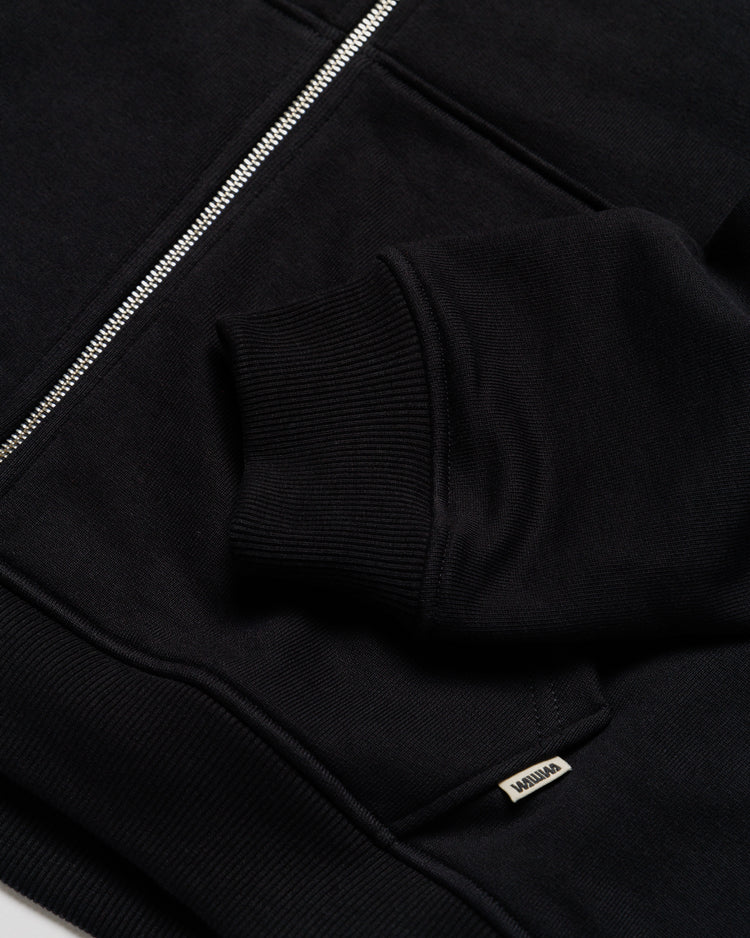 Heavyweight Two-Way Zip Hoody - Black — Cuff, ribbing and zip detail