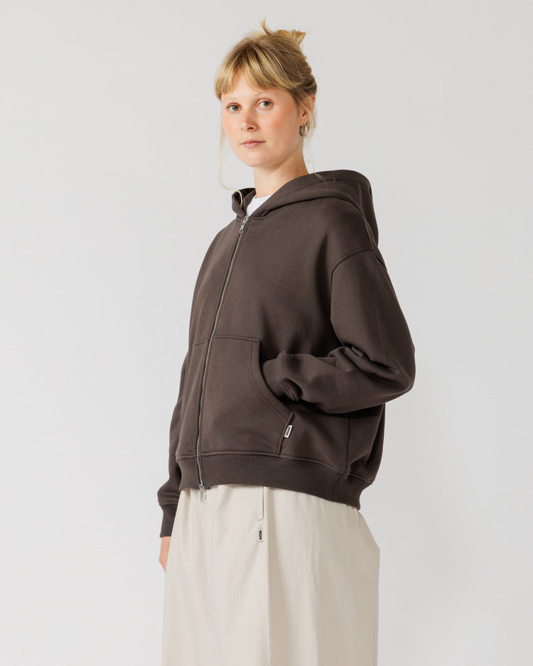 Heavyweight Two-Way Zip Hoody - Chocolate Brown — Female side angle, drape clear
