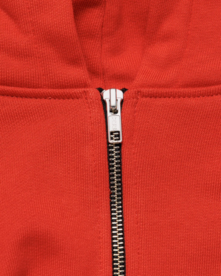 Heavyweight Two-Way Zip Hoody - Signal Red — YKK zip hardware close-up