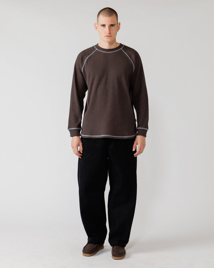 Raglan Range Waffle Knit - Chocolate Brown w Powder Blue Contrast — full-body front, fit context