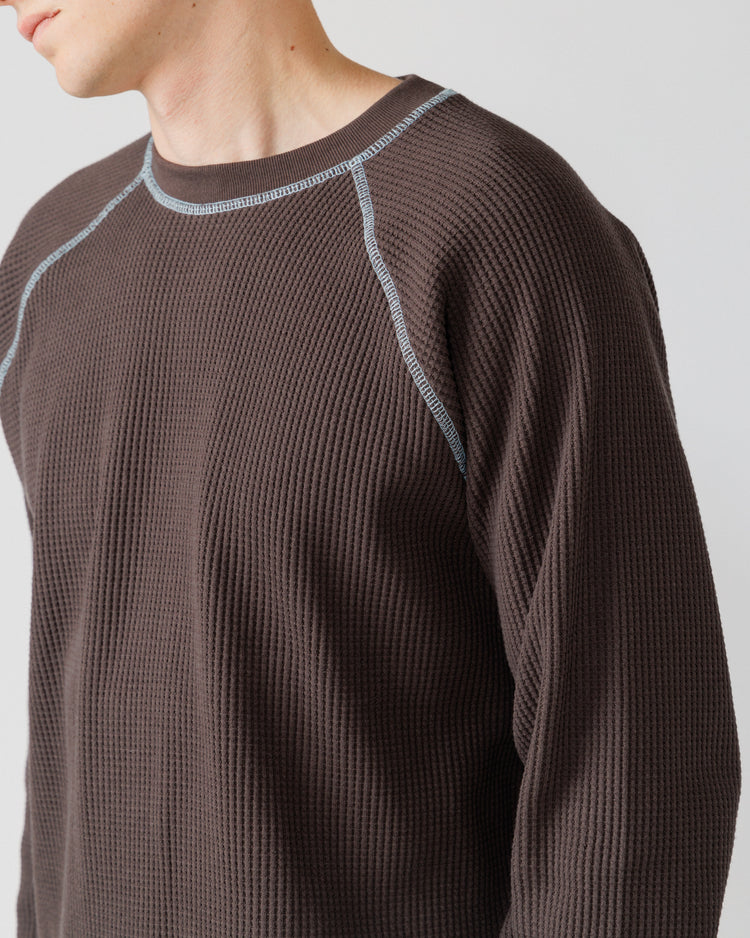 Raglan Range Waffle Knit - Chocolate Brown w Powder Blue Contrast — neckline raglan contrast stitch