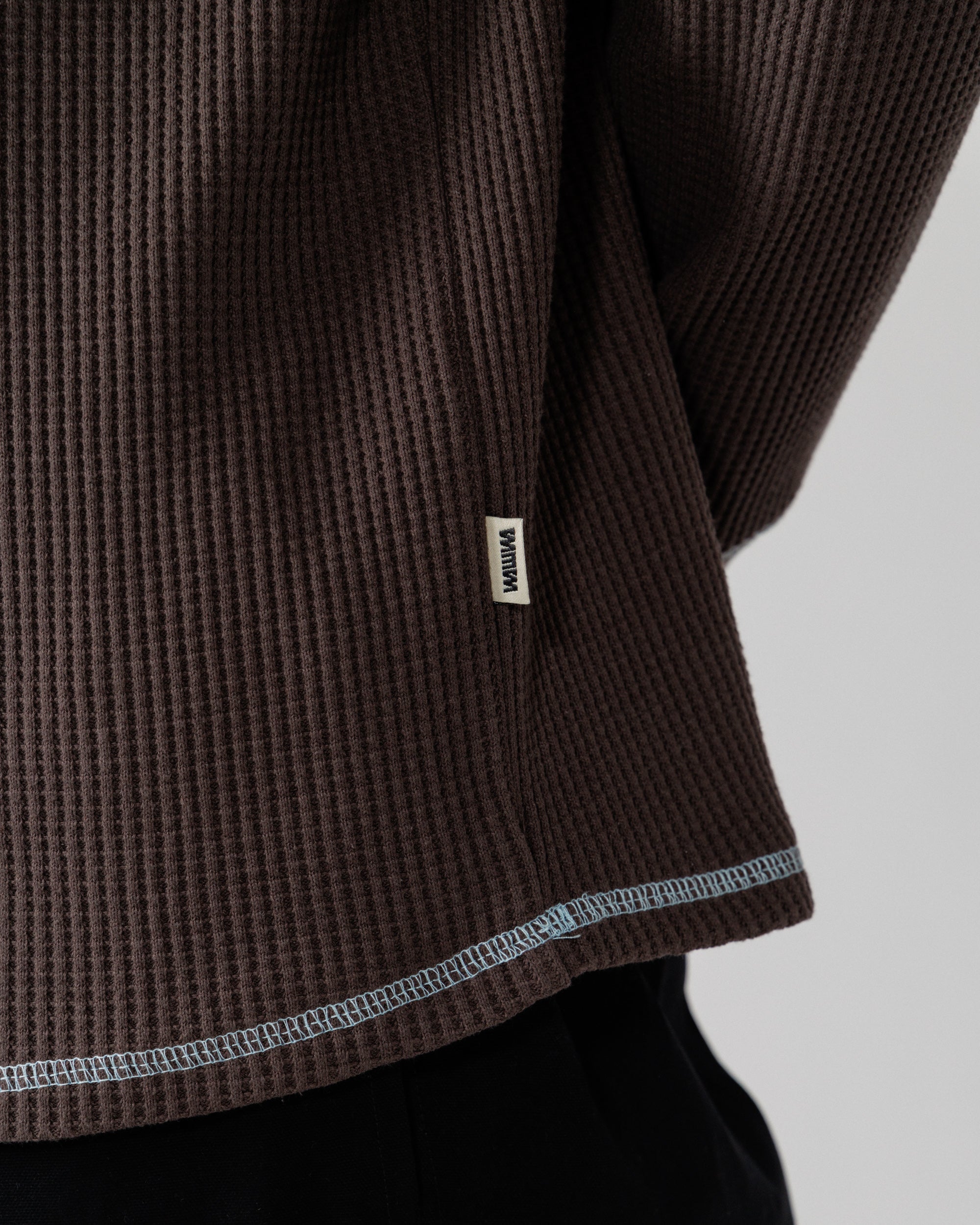 Raglan Range Waffle Knit - Chocolate Brown w Powder Blue Contrast — hem, cuff and label detail