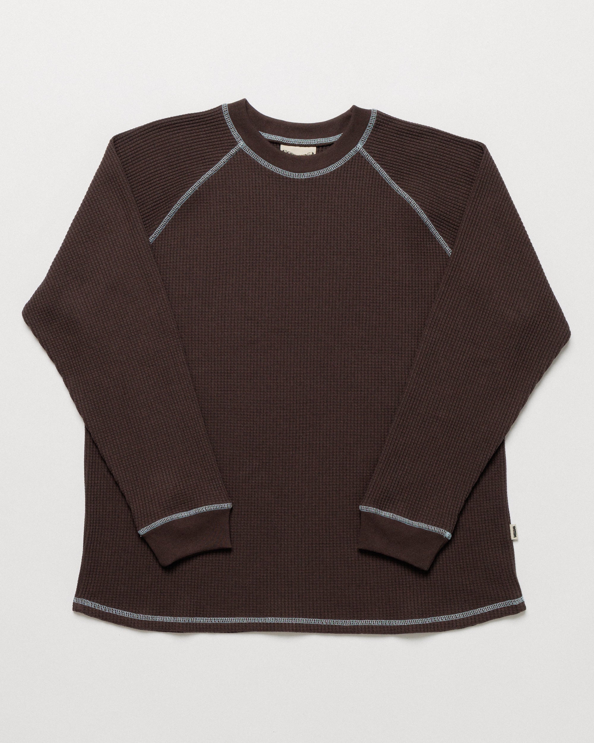 Raglan Range Waffle Knit - Chocolate Brown w Powder Blue Contrast — front flat, silhouette