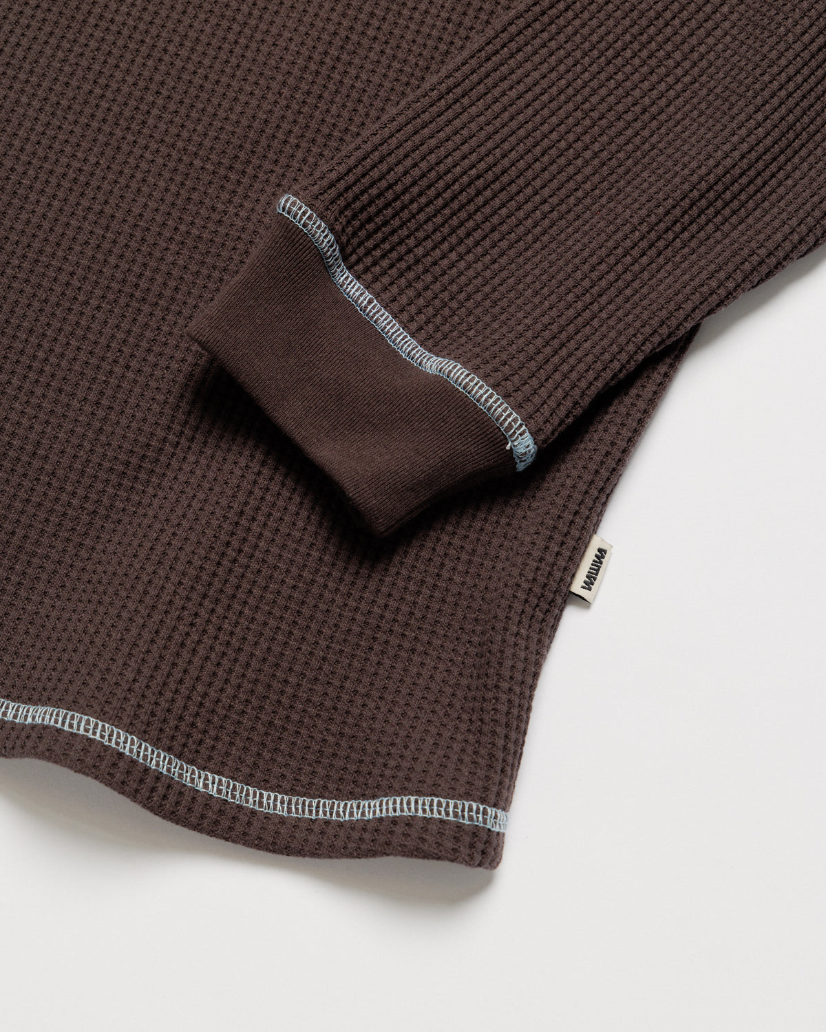 Raglan Range Waffle Knit - Chocolate Brown w Powder Blue Contrast — flat cuff and hem stitch