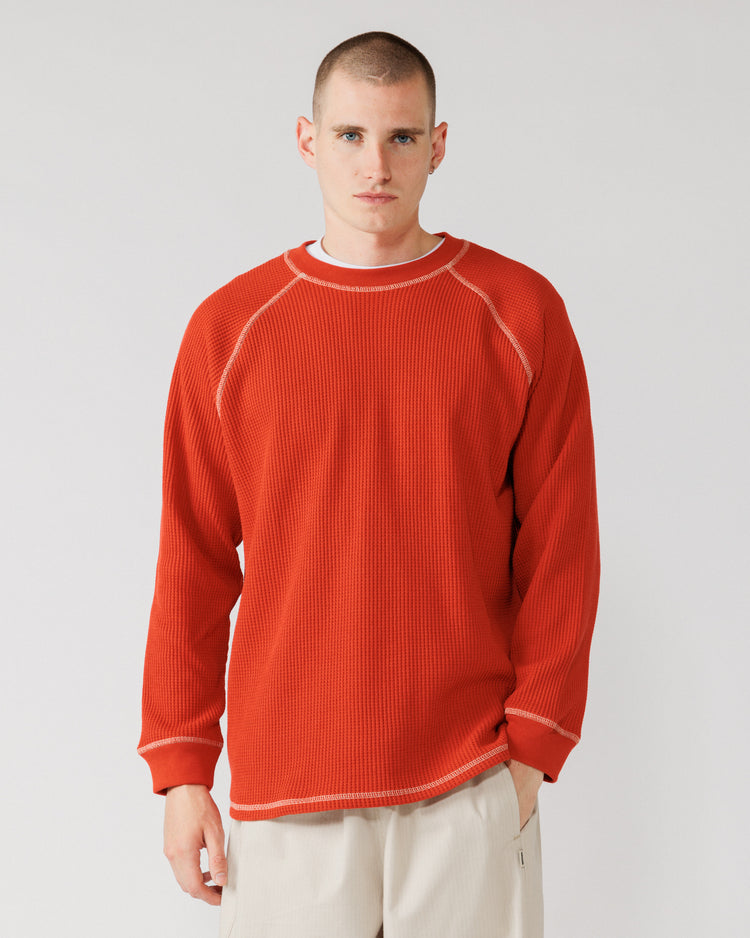 Raglan Range Waffle Knit - Signal Red w Ecru — hero front, knit fills frame