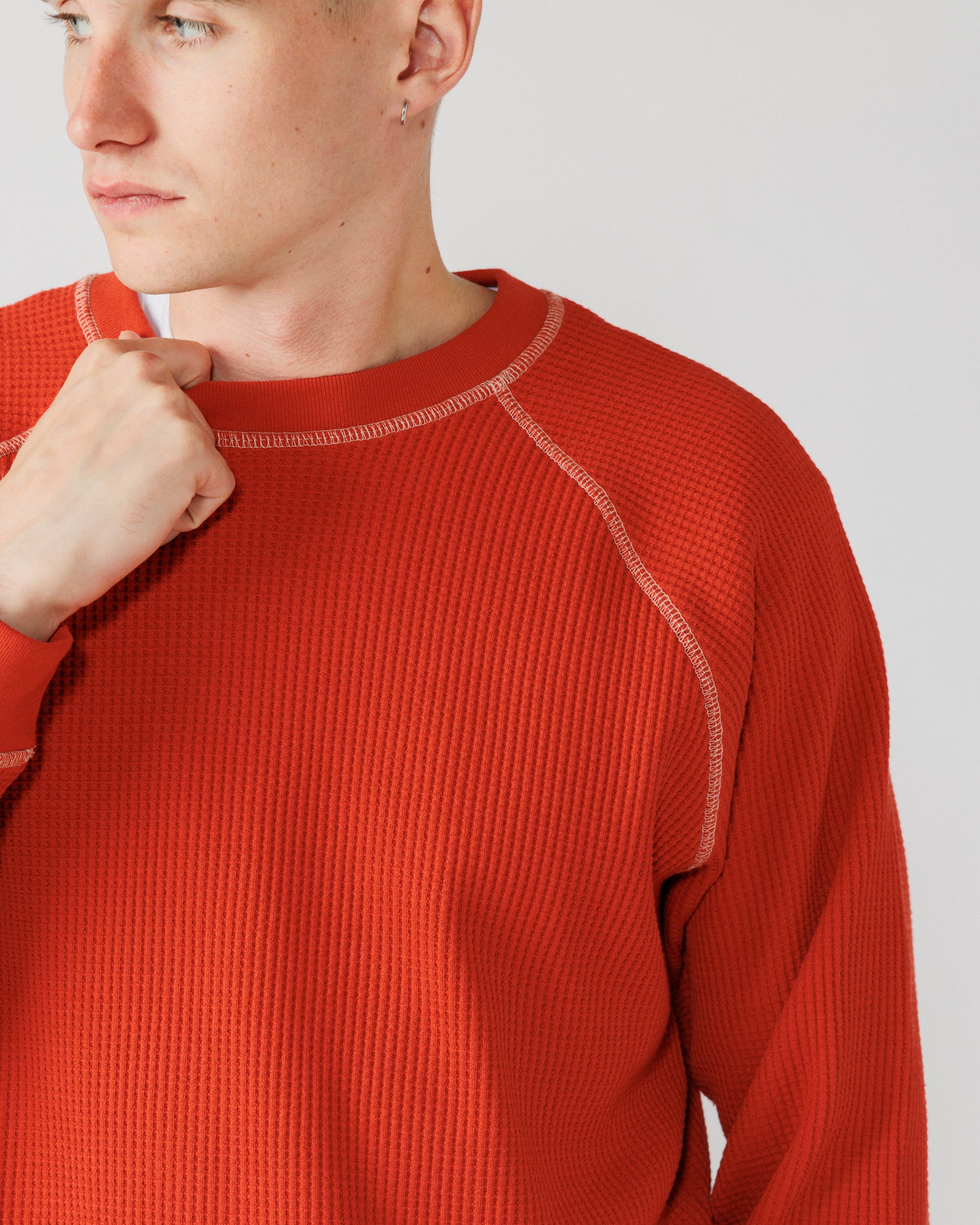 Raglan Range Waffle Knit - Signal Red w Ecru — neckline raglan contrast stitch