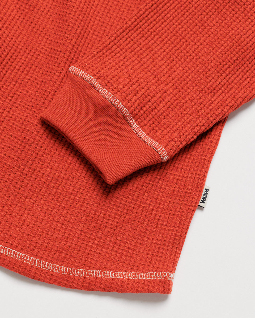 Raglan Range Waffle Knit - Signal Red w Ecru — flat cuff and hem stitch