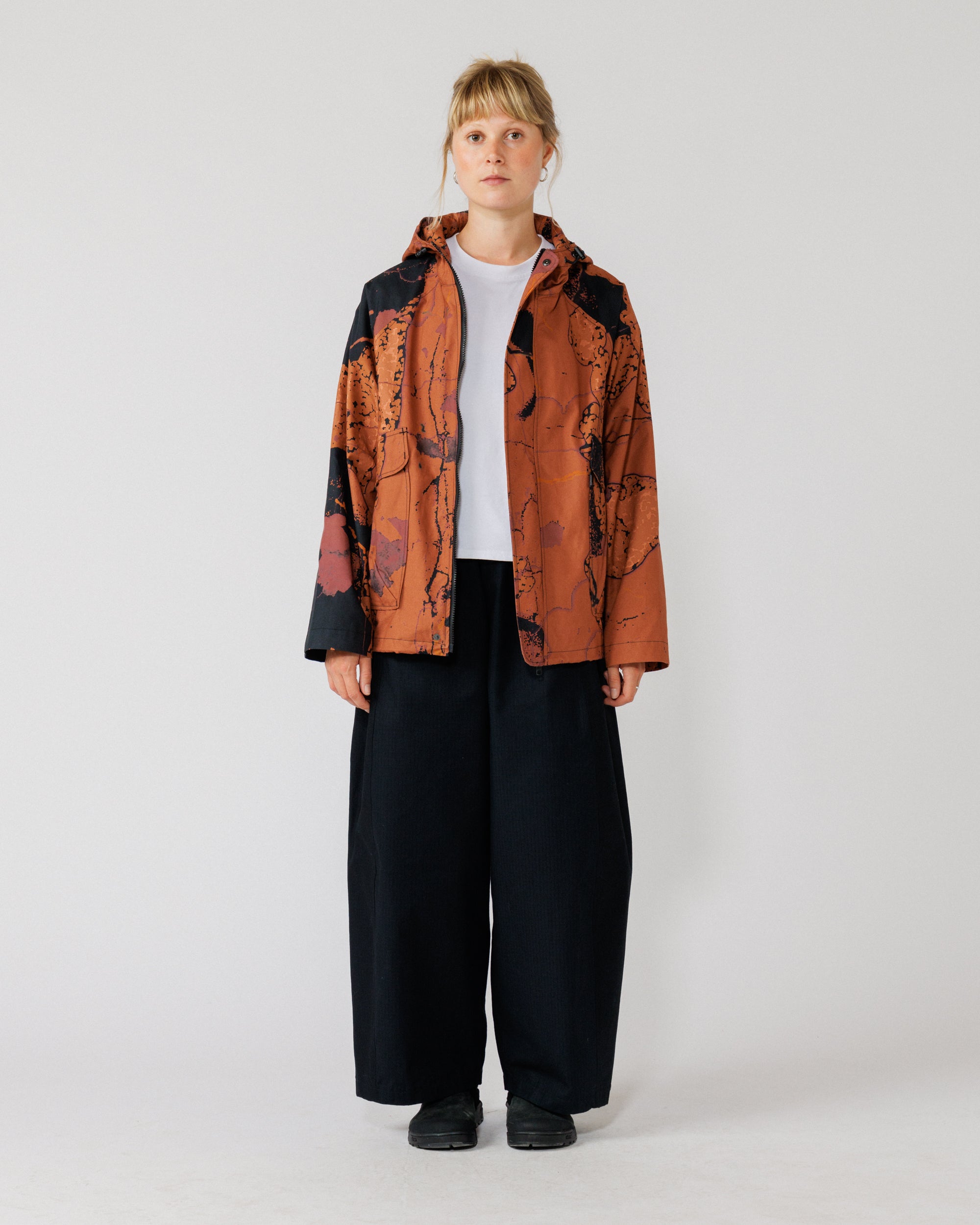 Roam Raglan Jacket - Abstract Brick Camo — full front open, shows layering