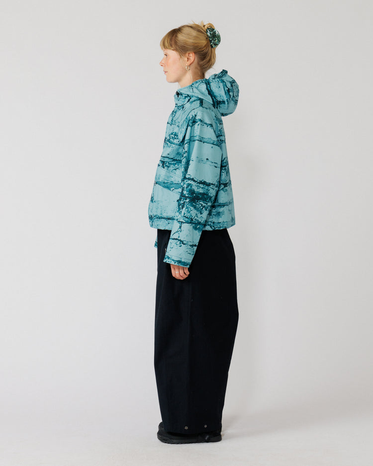 Roam Raglan Jacket - Blue Brick Camo — full side profile, drape