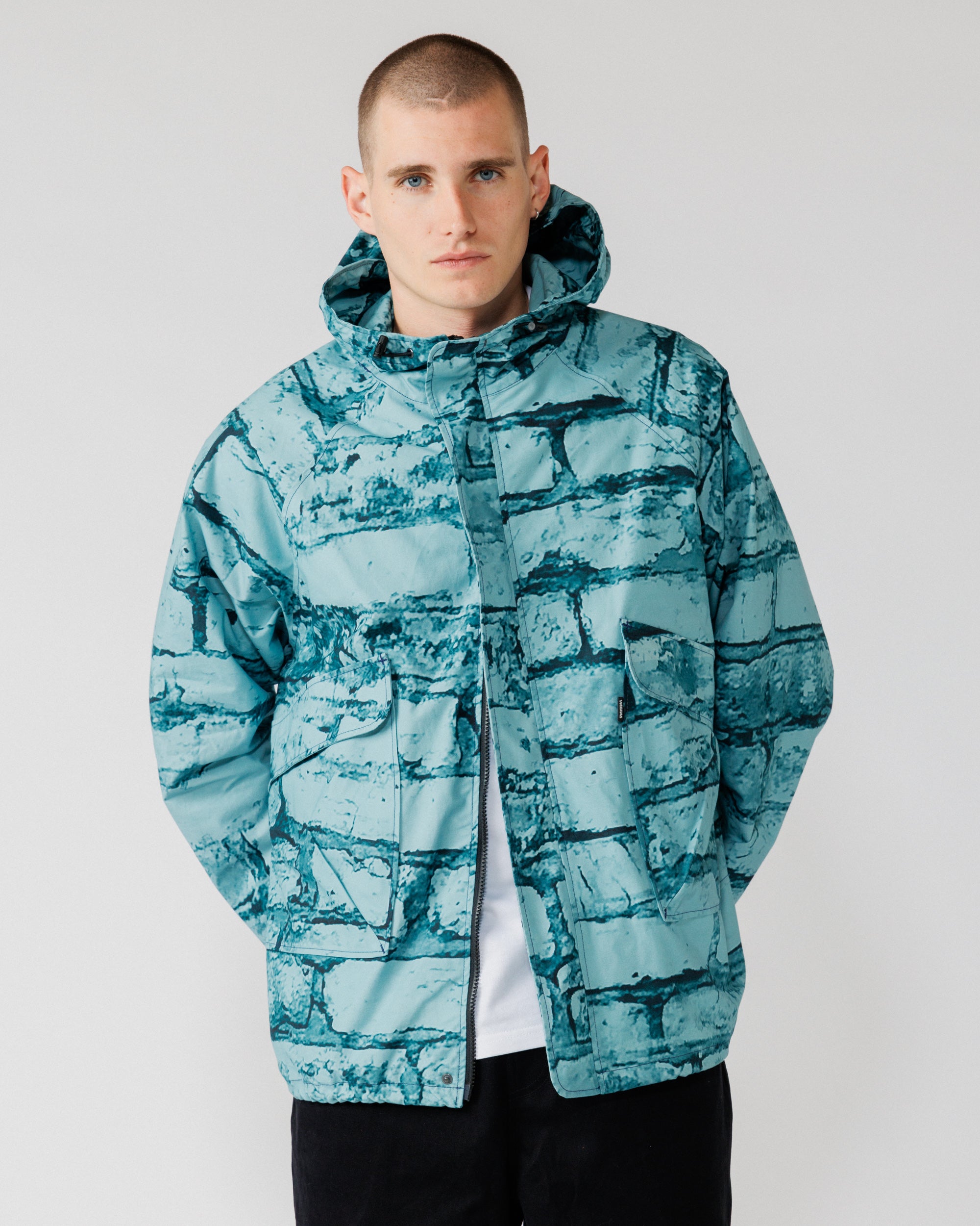 Roam Raglan Jacket - Blue Brick Camo — worn open, layering styling